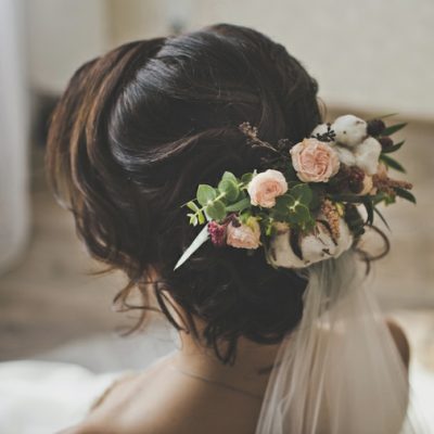 Hairstyle of the bride for the wedding.